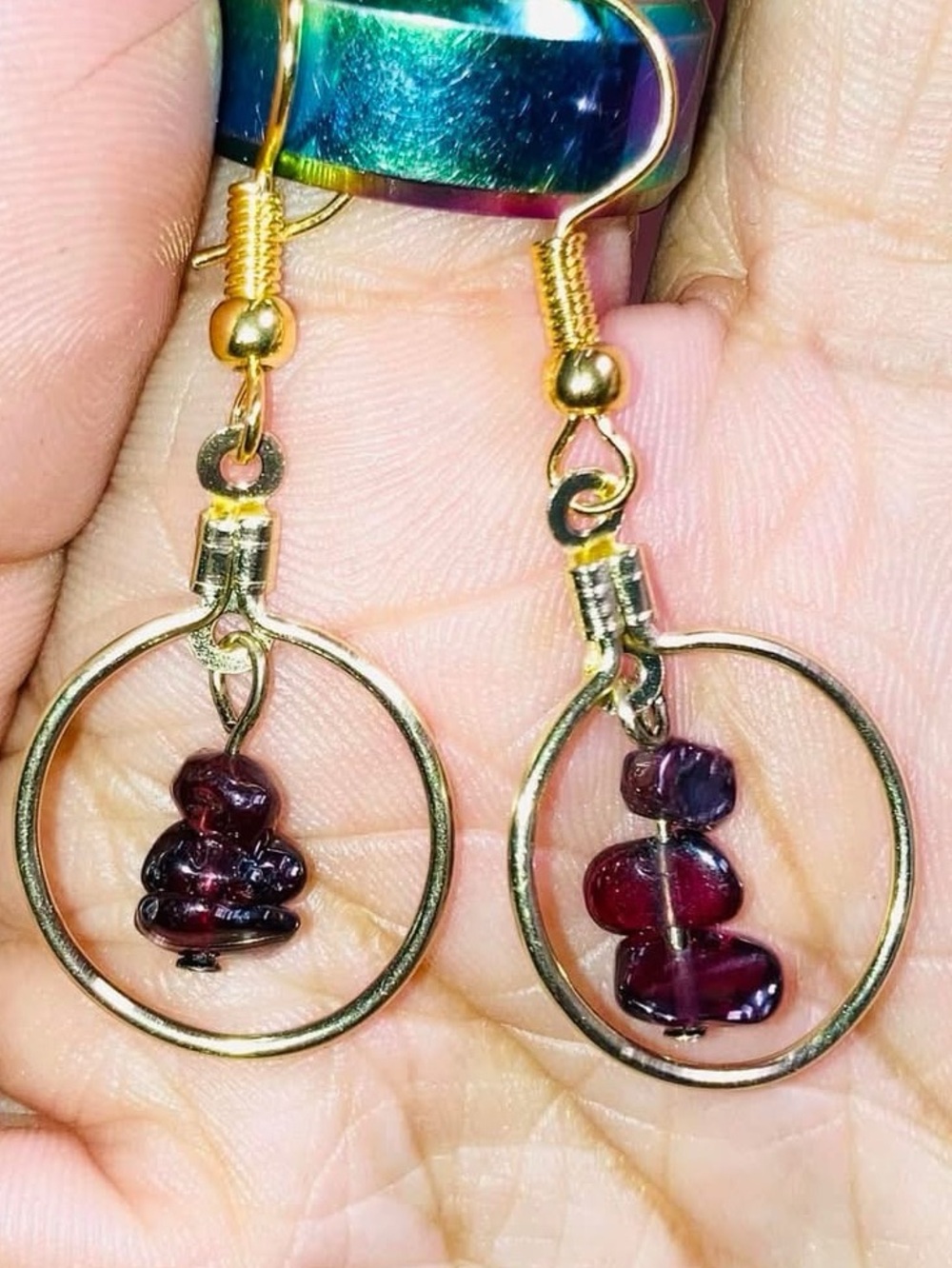Gold Hoop Earrings with Dark Red Garnet Stone Beads